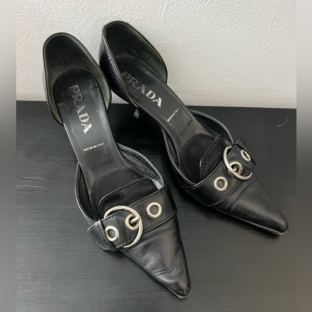 Prada Y2K Silver Buckle Kitten Heels